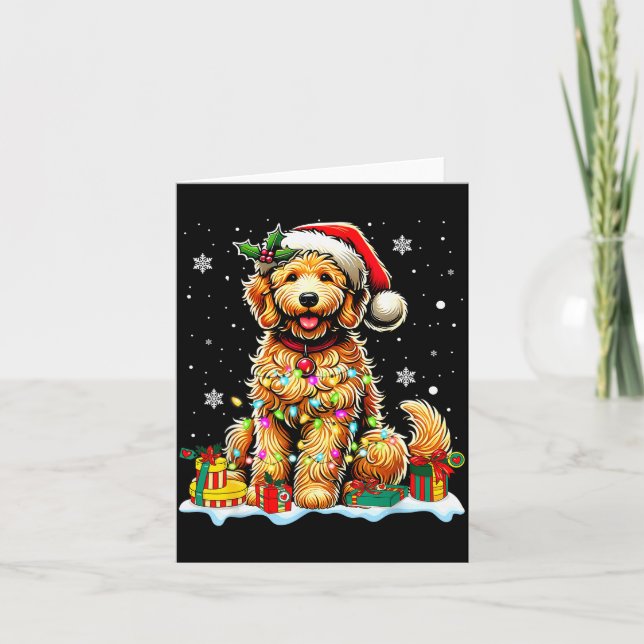 Tarjeta Goldendoodle Christmas Santa Hat Fairy Lights Paja (Anverso)