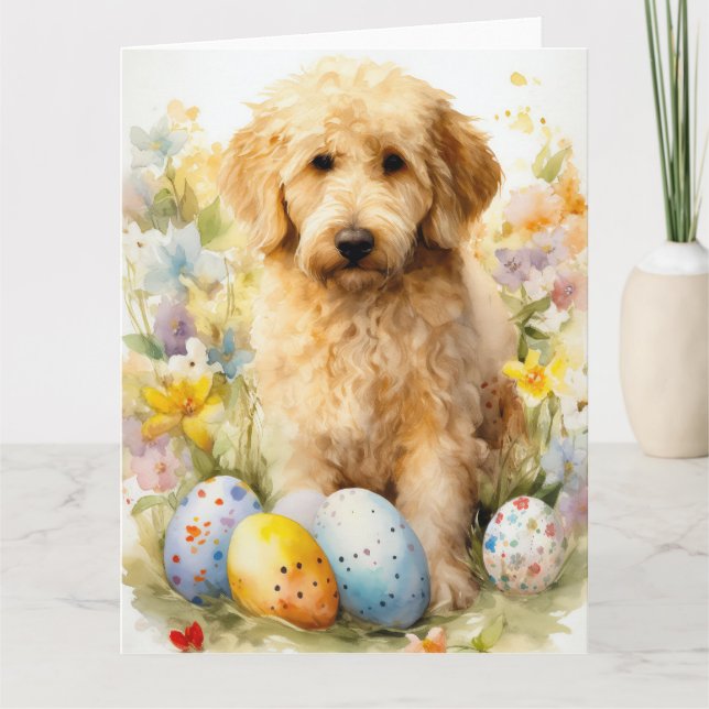 Tarjeta Goldendoodle con huevos de Pascua (Anverso)