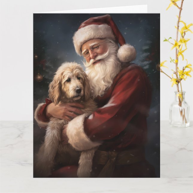 Tarjeta Goldendoodle con Navidades festivos de Santa Claus (flor amarilla)