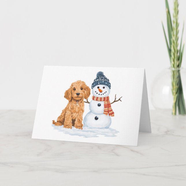 Tarjeta Goldendoodle de invierno perro muñeco de nieve lin (Anverso)