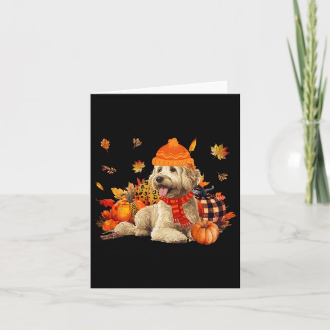 Tarjeta Goldendoodle Dog Fall Scarf Leopardo Pumpkins Autu (Anverso)