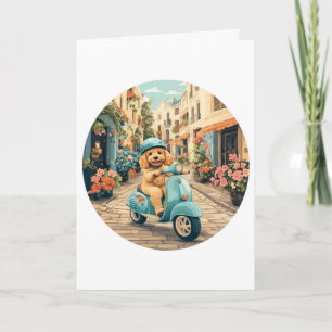 Tarjeta Goldendoodle Dog Riding Scooter Calles europeas