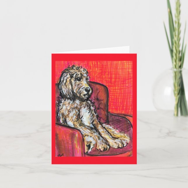 Tarjeta Goldendoodle-En Espera de la Fiesta (Anverso)