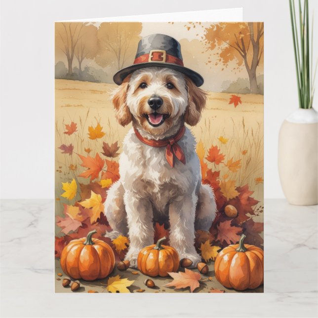 Tarjeta Goldendoodle en otoño deja arte de Acción de Graci (Anverso)