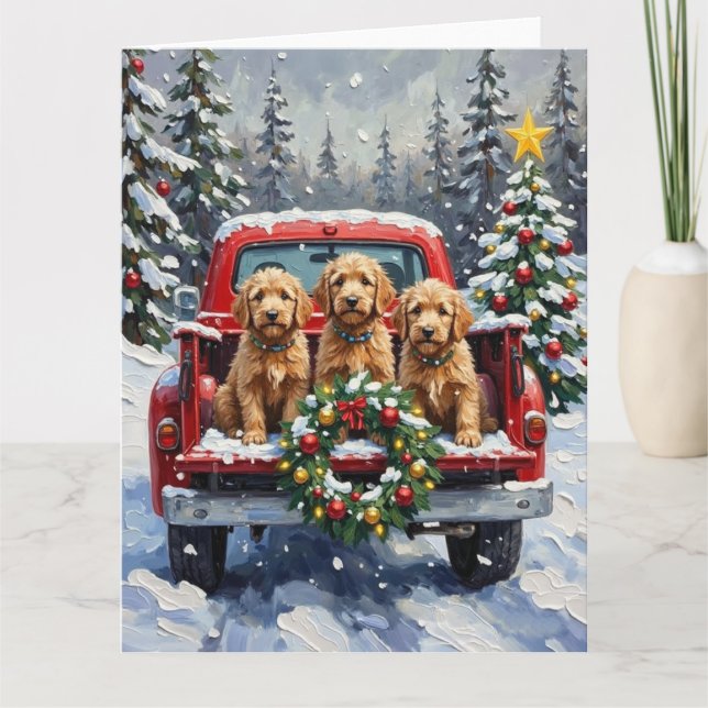 Tarjeta Goldendoodle Navidad Camión Rojo Fiesta (Anverso)