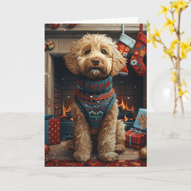 Tarjeta Goldendoodle Perro Con Regalos De Navidad Chimenea (flor amarilla)