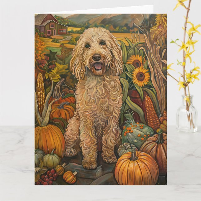 Tarjeta Goldendoodle Perro Cosecha de Otoño Día de Acción  (flor amarilla)
