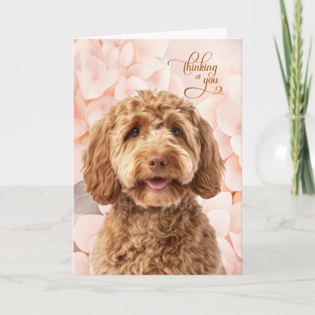 Tarjeta Goldendoodle Perro Hortensia Melocotón Pensando en (Anverso)