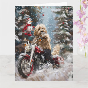 Tarjeta Goldendoodle Perro Montando Motocicleta Navidad 