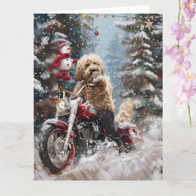 Tarjeta Goldendoodle Perro Montando Motocicleta Navidad  (Orquídea)