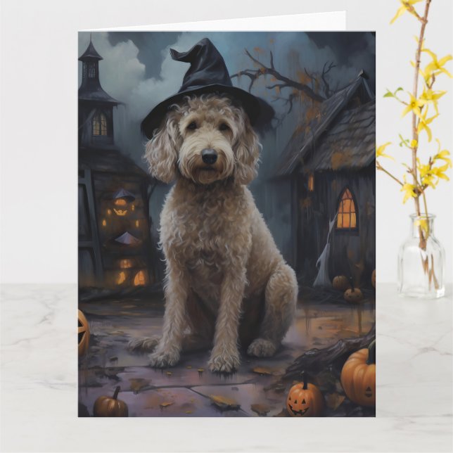 Tarjeta Goldendoodle Pumpkins Halloween Scary (flor amarilla)
