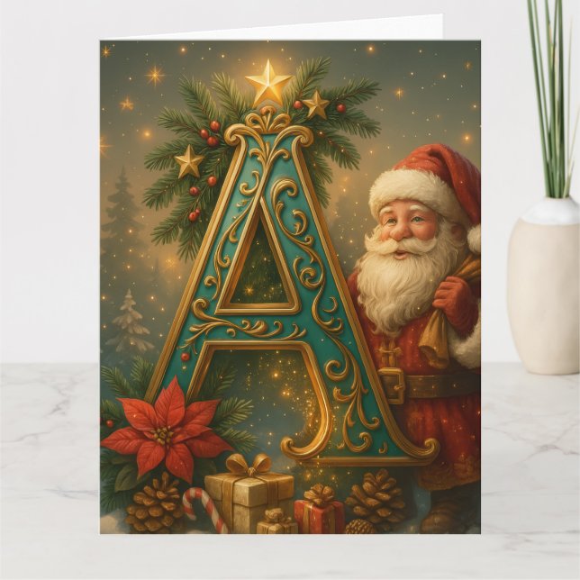 Tarjeta  Goldenes Initial A mit Weihnachtsmann und Krone  (Anverso)