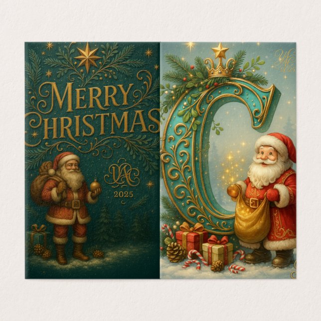 Tarjeta  Goldenes Initial C mit Weihnachtsmann und Krone (Exterior desplegado)