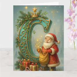 Tarjeta Goldenes Initial C mit Weihnachtsmann und Krone