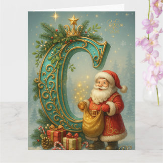 Tarjeta Goldenes Initial C mit Weihnachtsmann und Krone