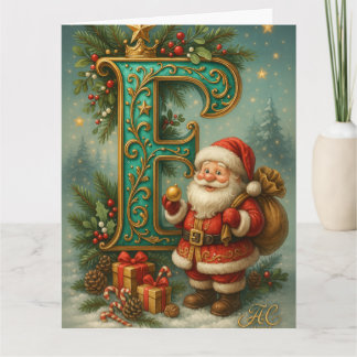 Tarjeta Goldenes Initial E mit Weihnachtsmann und Krone
