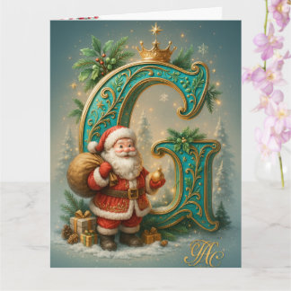Tarjeta  Goldenes Initial  G mit Weihnachtsmann und Krone