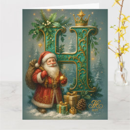 Tarjeta  Goldenes Initial H  mit Weihnachtsmann und Krone 
