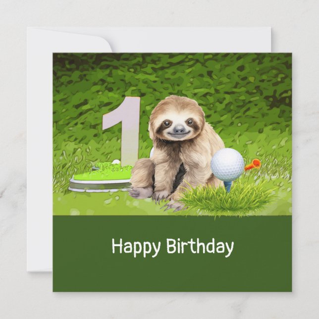 Tarjeta Golf 1er cumpleaños con Sloth Golfer (Anverso)