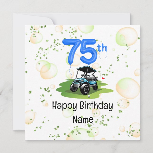 Tarjeta Golf 75 cumpleaños para golfista con carrito de go (Anverso)