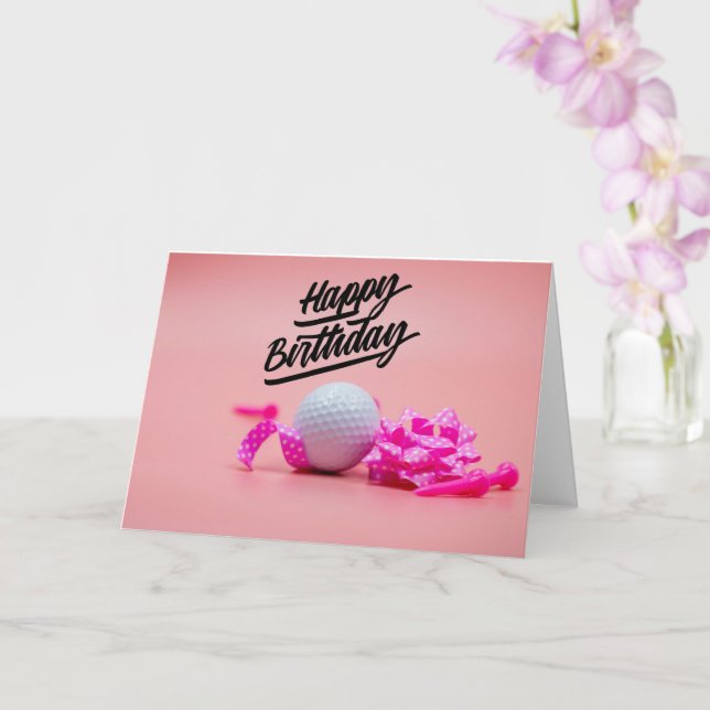 Tarjeta Golf Feliz cumpleaños con bola de golf y cinta ros (Orquídea)