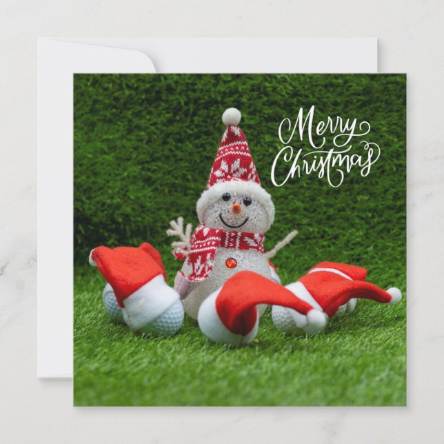 Tarjeta Golf Feliz Navidad con bola de golf y Snowman (Anverso)