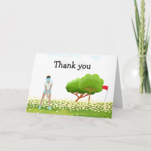 Tarjeta Golf Gracias con texto y golfista poniendo