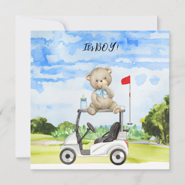 Tarjeta Golf Teddy Bear es un chico para Baby Shower (Anverso)