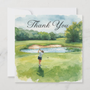 Tarjeta Golf Woman golfer está jugando golf en el campo de