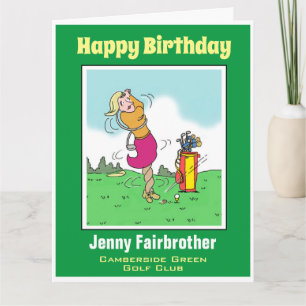 Tarjeta Golfista femenina se mete en un giro. Funny Golf P
