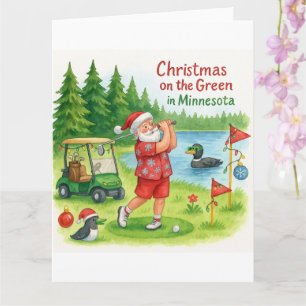 Tarjeta Golfista Papá Noel jugando golf en vista al lago M