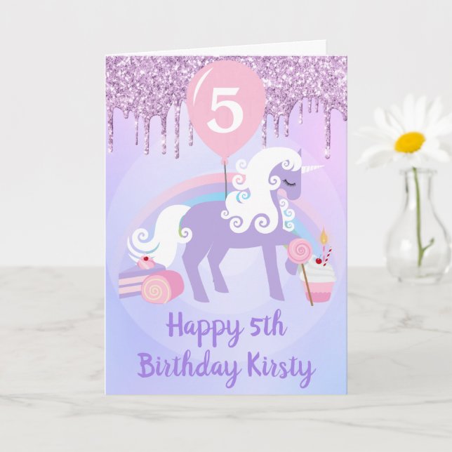Tarjeta Golosinas de Unicornio Morado y Blanco Cumpleaños (Planta pequeña)