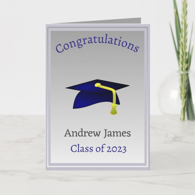 Tarjeta gorra azul de graduación en plata - Felicidades (Anverso)