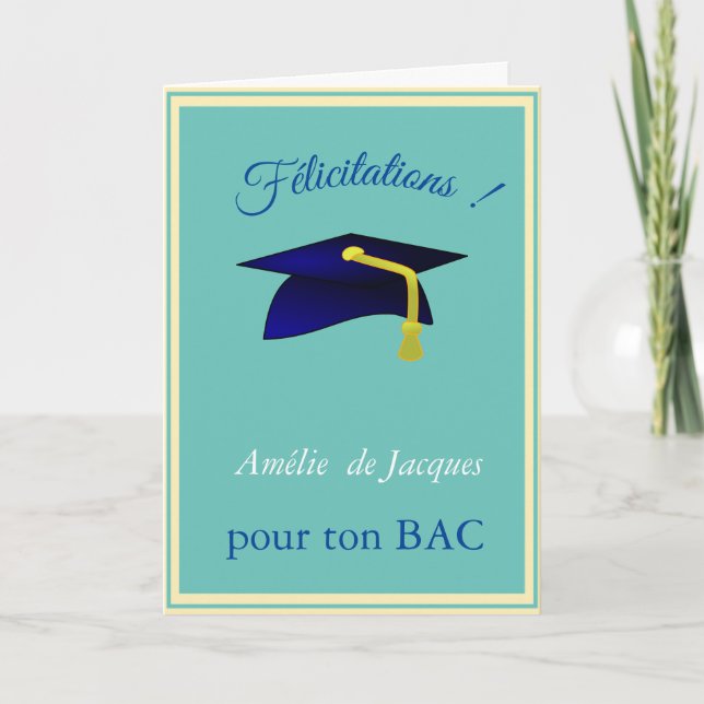 Tarjeta gorra azul de graduación - Felicitaciones en franc (Anverso)