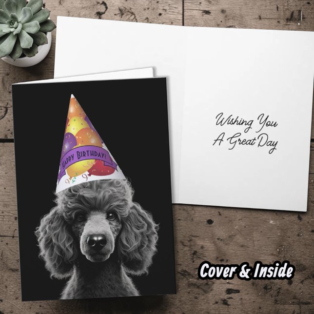 Tarjeta Gorra de fiesta para cabeza de caniche negro con F (Fun poodle with happy birthday party hat inside template greeting card.)