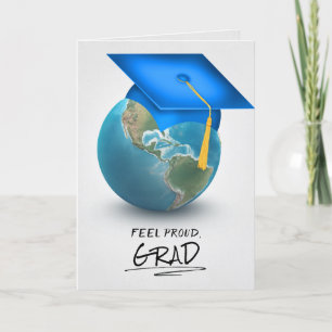 Tarjeta gorra de graduación azul en el globo