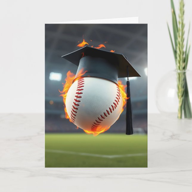 Tarjeta Gorra de graduación en un globo de béisbol en llam (Anverso)