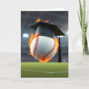 Tarjeta Gorra de graduación en un globo de béisbol en llam