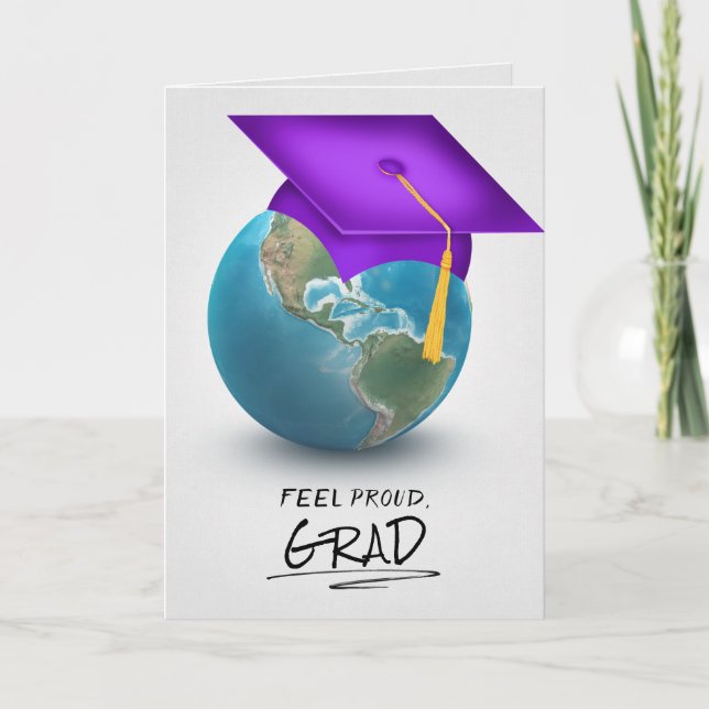 Tarjeta gorra de graduación púrpura en el mundo (Anverso)