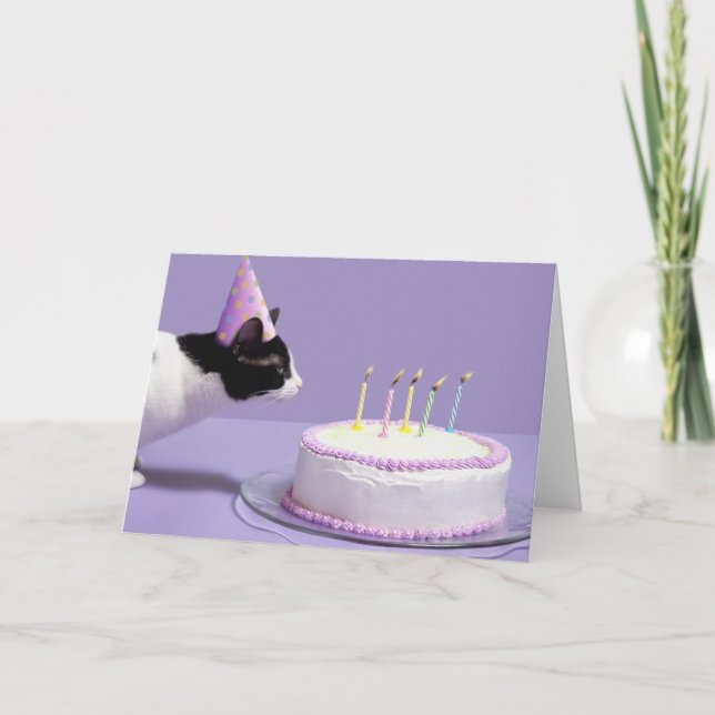 Tarjeta Gorra del cumpleaños del gato que lleva que sopla (Anverso)