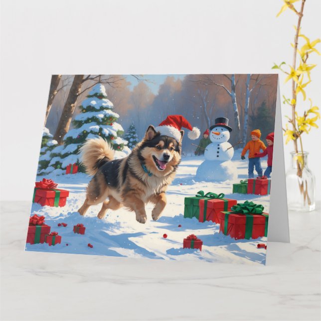Tarjeta Gorra finlandés de Lapphund en ejecución de nieve  (flor amarilla)