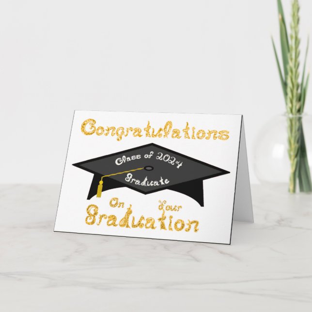 Tarjeta Gorra Grad Cap Gold de Graduado Blanco Clase 2024 (Anverso)