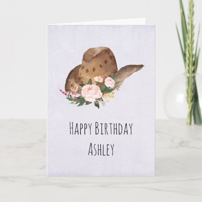 Tarjeta Gorra marrón de vaca con flores rosadas Cumpleaños (Anverso)