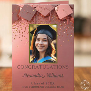 Tarjeta Gorras de Graduación y Foto en Rosa Oro Brillante