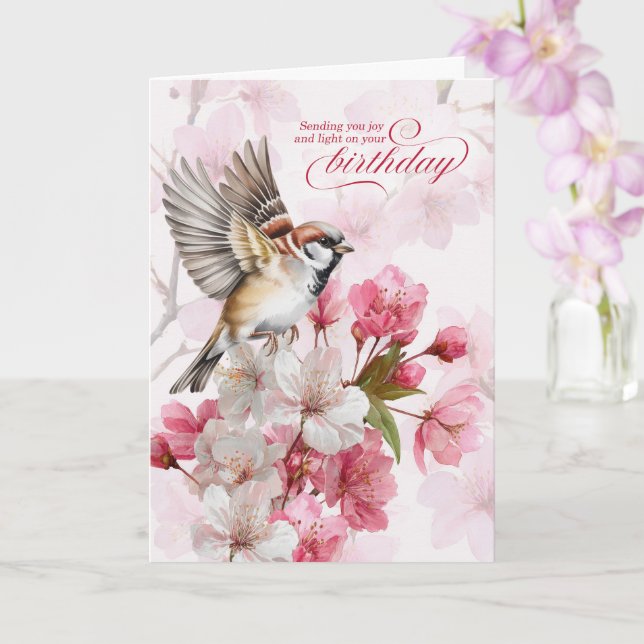 Tarjeta Gorrión de Cumpleaños y Alegría de Flores de Cerez (Orquídea)
