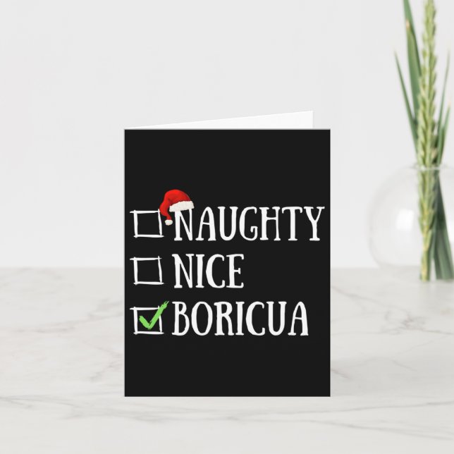 Tarjeta Gorrito de Santa divertido Naughty Nice Boricua Pu (Anverso)