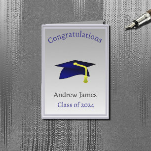 Tarjeta gorro de graduación azul en plata - Felicitaciones