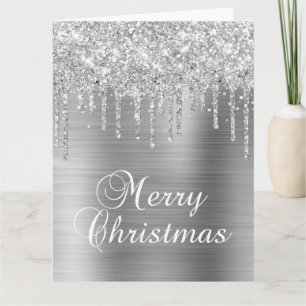 Tarjeta Gotas de brillo plateado metálico Feliz Navidad