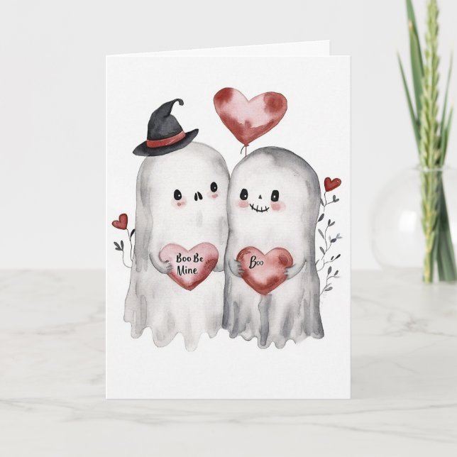 Tarjeta Goth Spooky Valentine Ghosts con Corazones (Anverso)