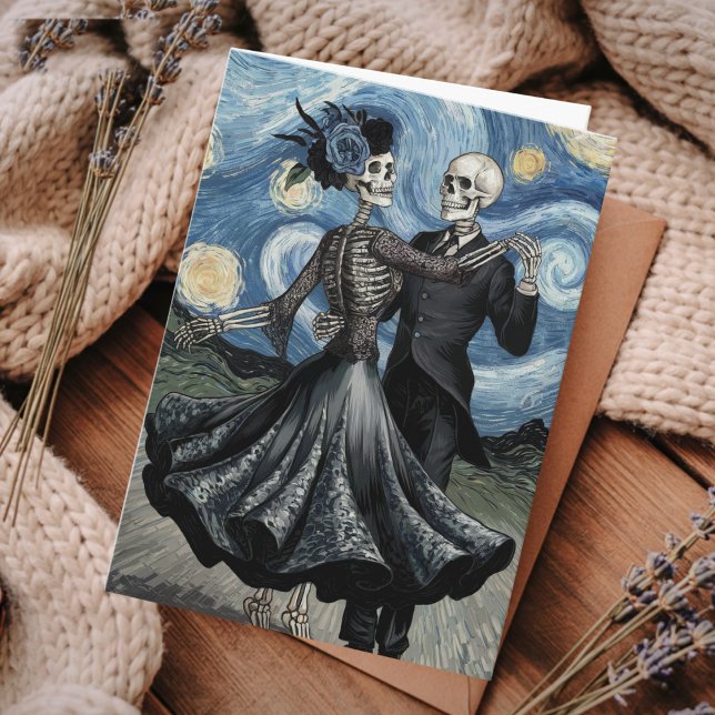 Tarjeta Gothic Elegant Skeletons Dance Moonlight Van Gogh (Subido por el creador)